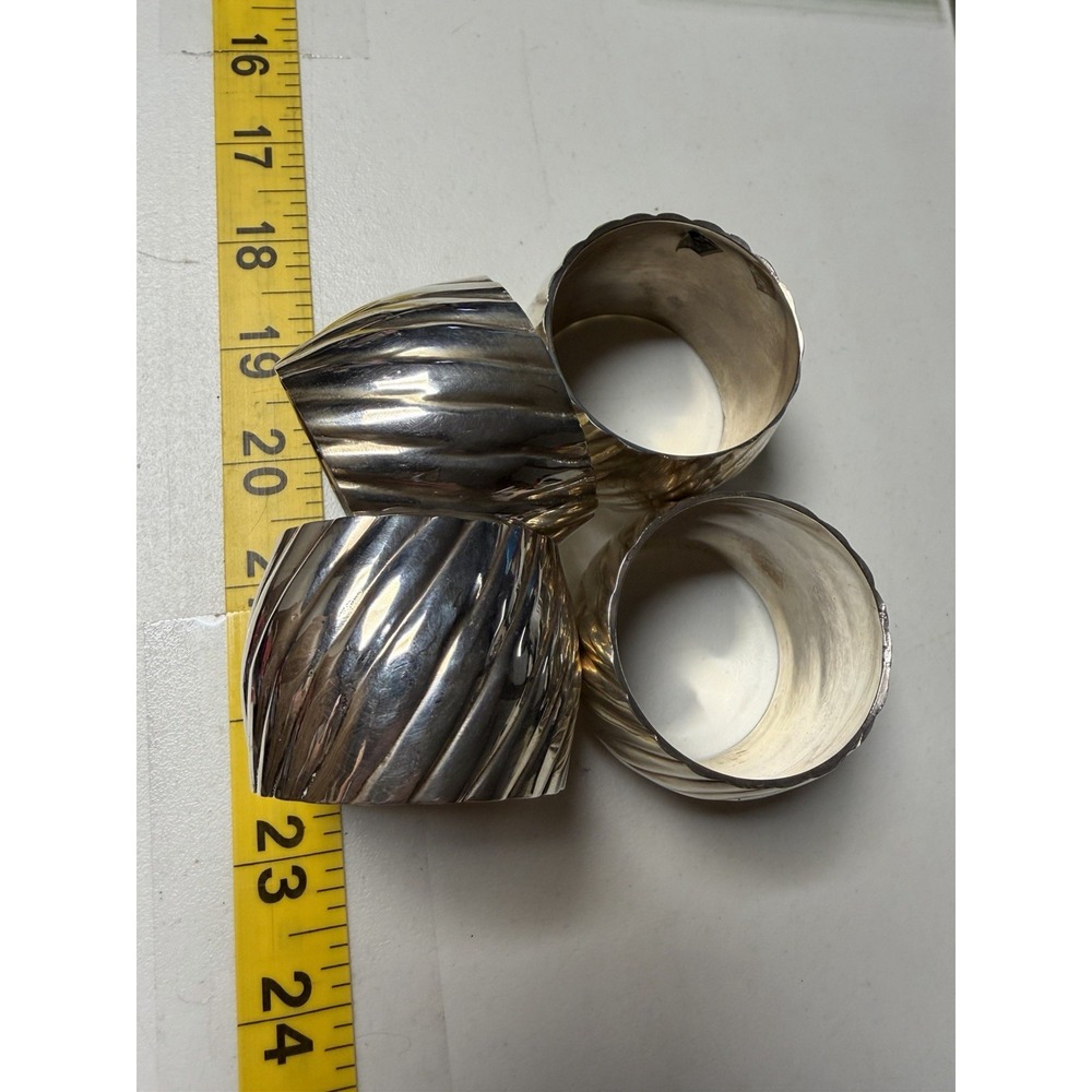 4 Vtg Napkin Ring Round Silver Color Curved Textured Design Vintage India
